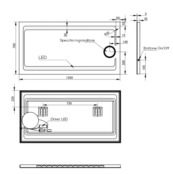 Specchio led 135x70 cm con ingranditore e interruttore