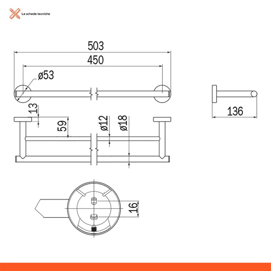 Barra doppia portasalviette 50 cm acciaio inox lucido