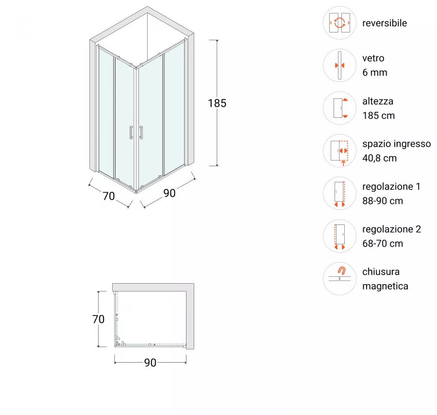 Box doccia 70x90 cm doppio scorrevole vetro temperato 6mm trasparente 185h
