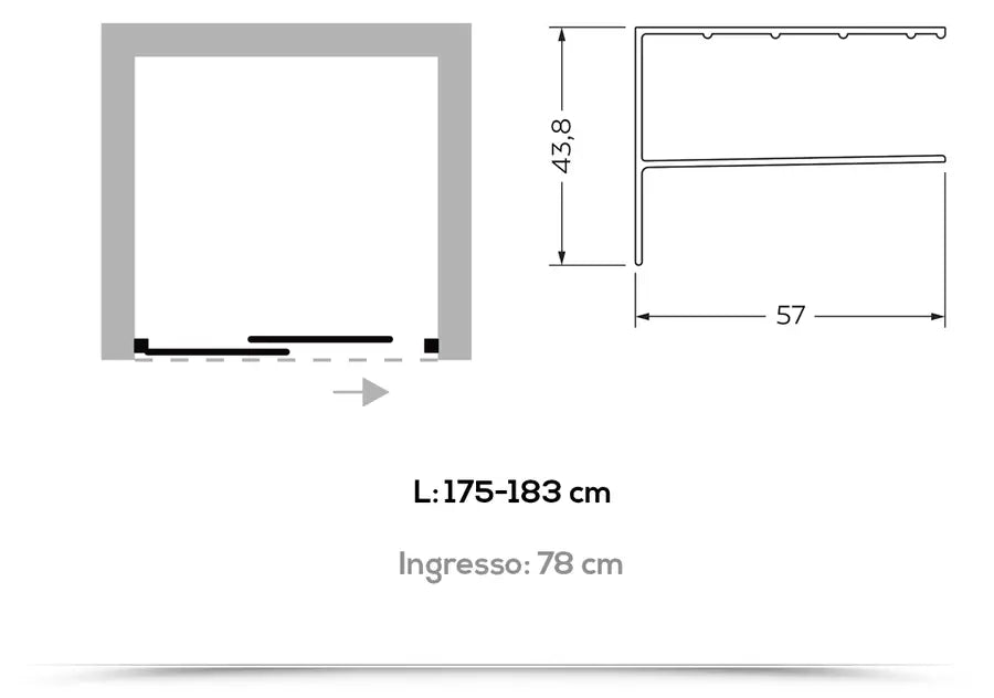 Box nicchia scorrevole 2 ante trasparente con profili in ottone cromato 180 cm