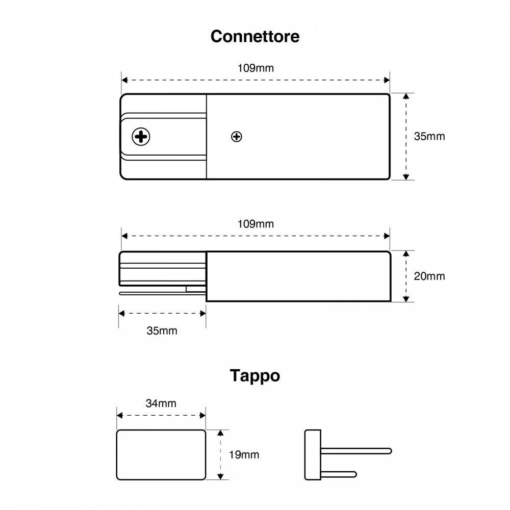 Connettore di Alimentazione + Tappo per binario Monofase Bianco, serie "Solid"