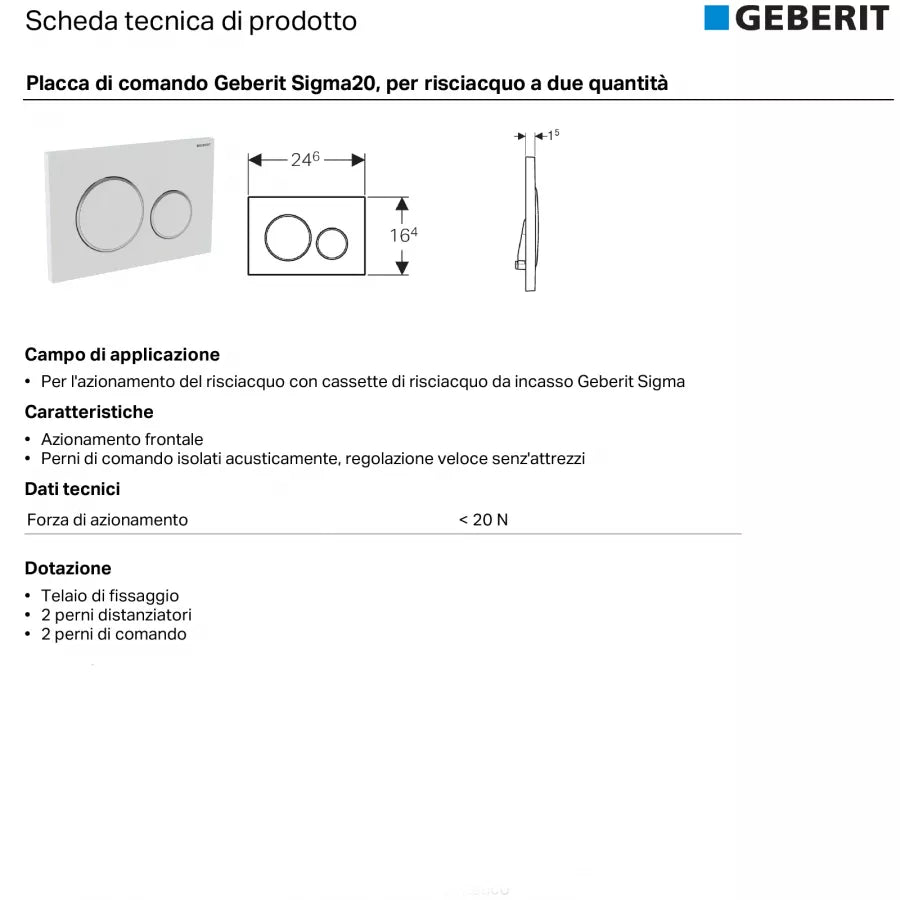 Geberit Sigma20 nero lucido e cromo placca di comando doppio tasto per incassi Sigma 8