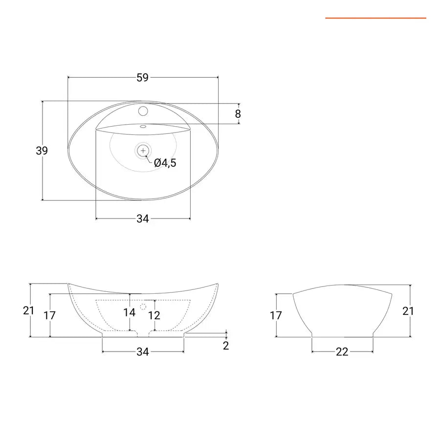 Lavabo d'appoggio 59x39 bianco bacino ovale in ceramica