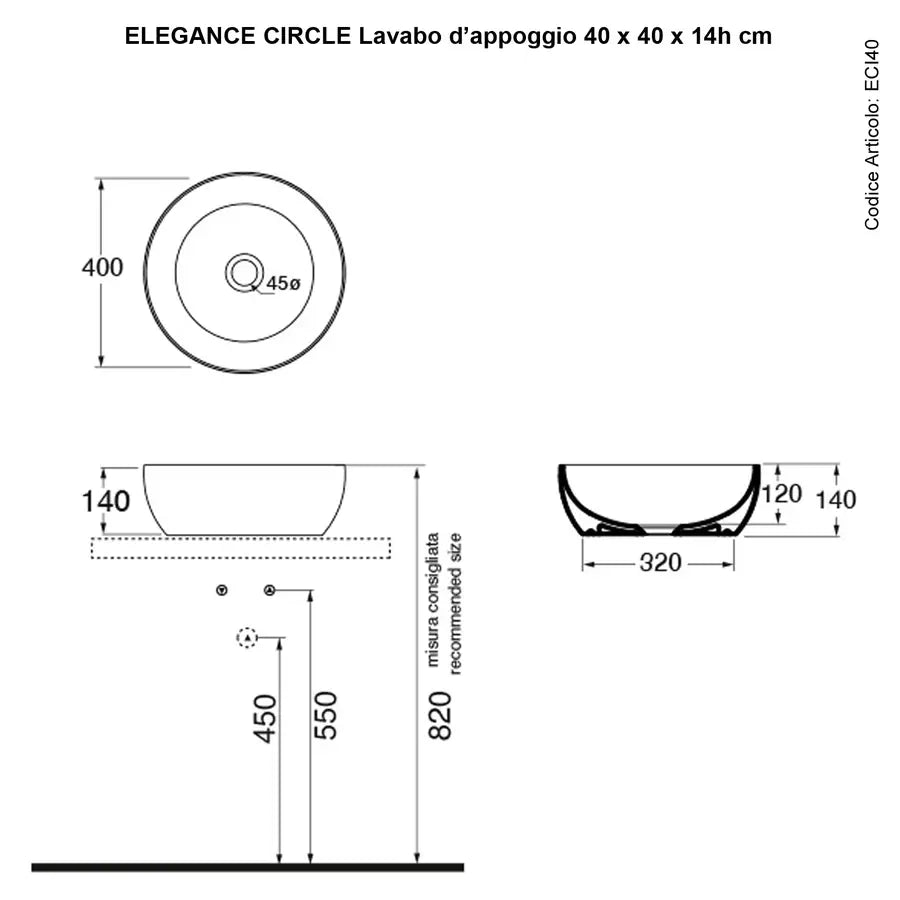 Lavabo da appoggio Elegance Circle 40 cm in ceramica bianco