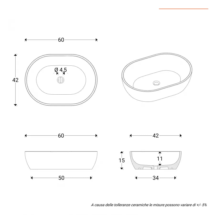Lavabo d'appoggio ovale in ceramica 60x42 cm bianco lucido
