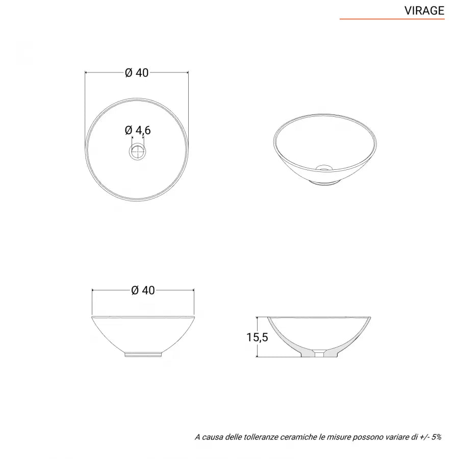 Lavabo d'appoggio tondo 40 cm in ceramica bianco lucido