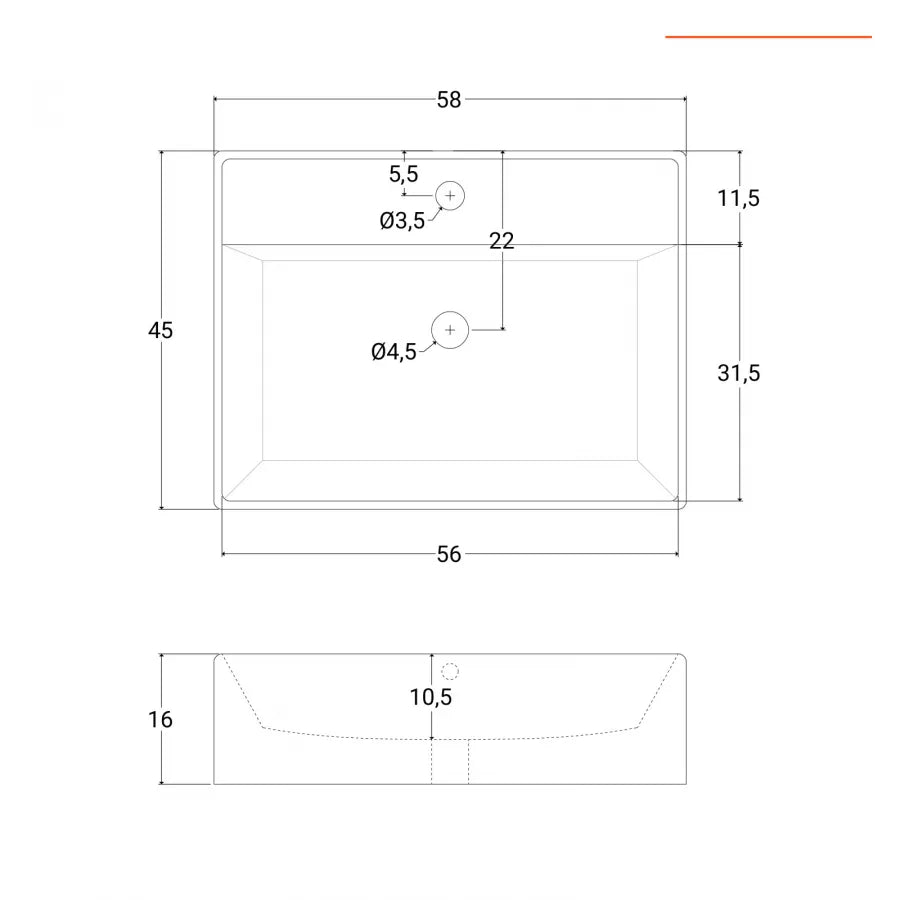 Lavabo squadrato 58 x 45 cm in ceramica design moderno monoforo