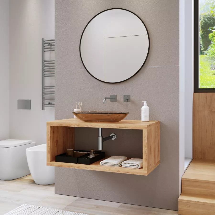 Mensolone bagno sospeso 110 cm con vano a giorno in legno rovere gold