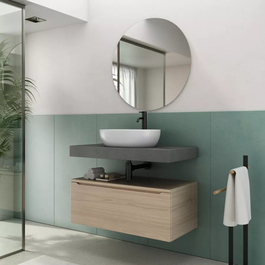 Mensolone bagno sospeso 90 cm antracite con cassettone rovere e specchio