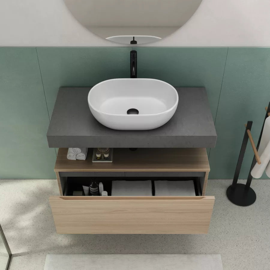 Mensolone bagno sospeso 90 cm antracite con cassettone rovere e specchio