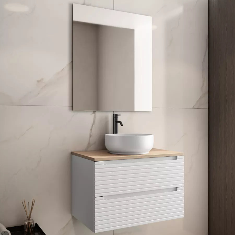 Mobile bagno portalavabo 70 cm bianco opaco cannettato con top rovere