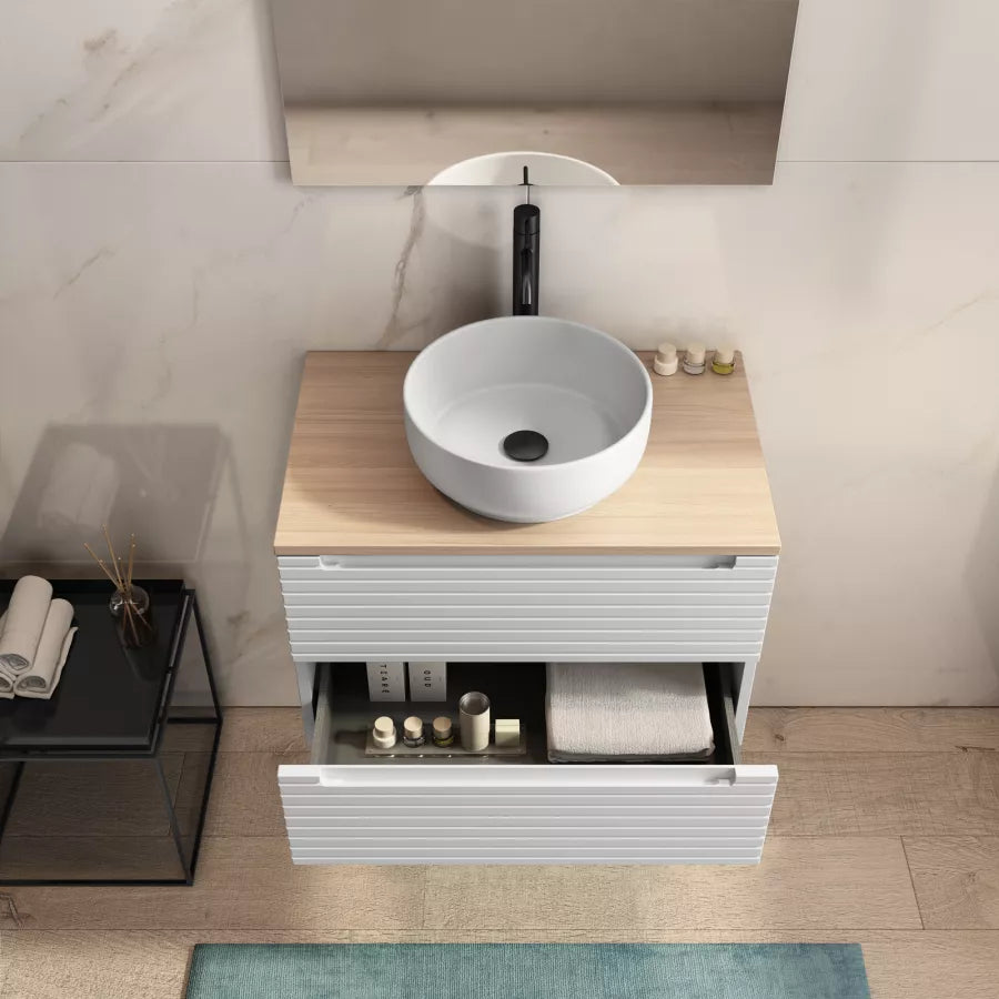 Mobile bagno portalavabo 70 cm bianco opaco cannettato con top rovere