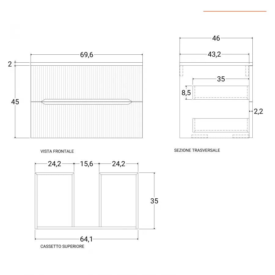 Mobile bagno portalavabo 70 cm cannettato con cassetti rovere portofino e specchio