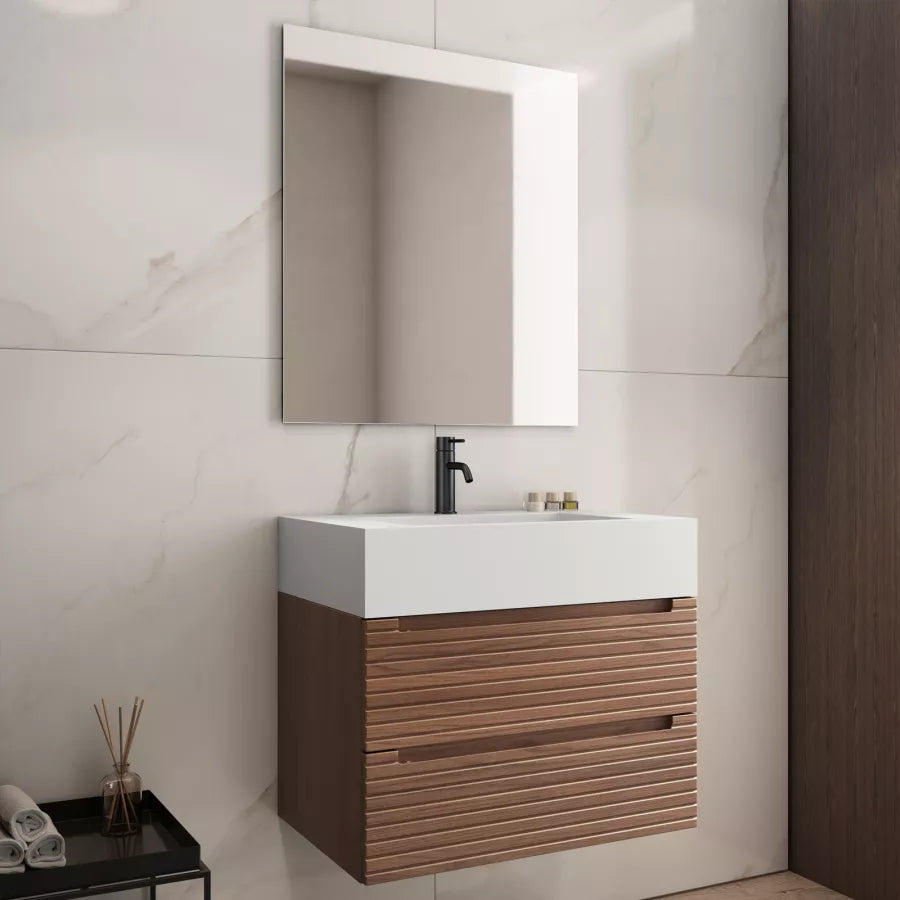 Mobile bagno portalavabo cannettato 70 cm con cassetti noce e top bianco