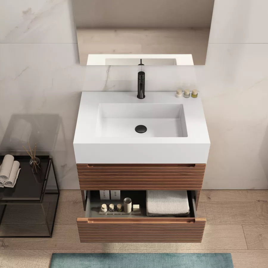 Mobile bagno portalavabo cannettato 70 cm con cassetti noce e top bianco