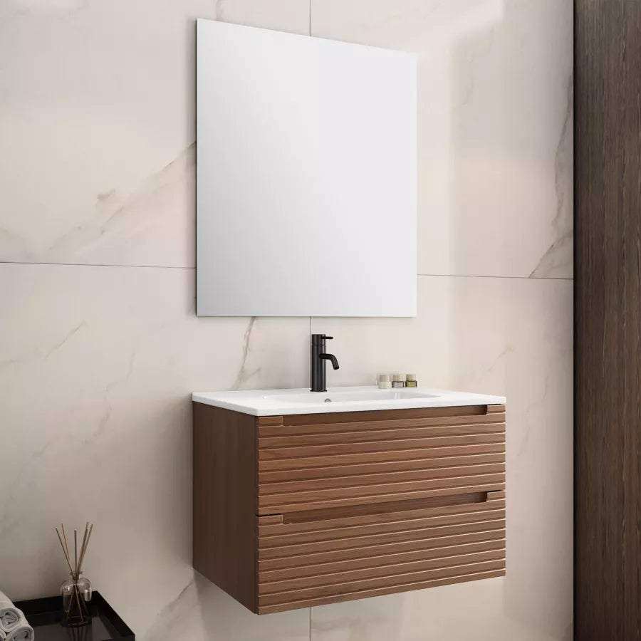 Mobile bagno sospeso cannettato 70 cm noce con specchio