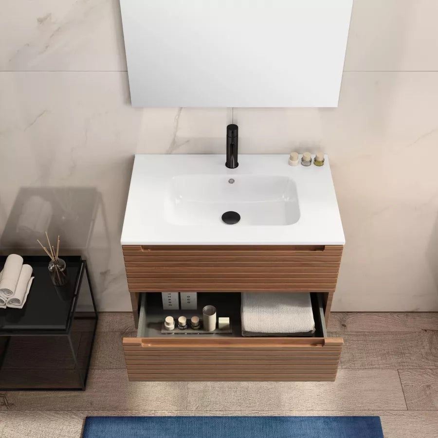 Mobile bagno sospeso cannettato 70 cm noce con specchio