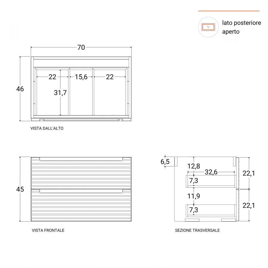 Mobile bagno sospeso cannettato 70 cm noce con specchio