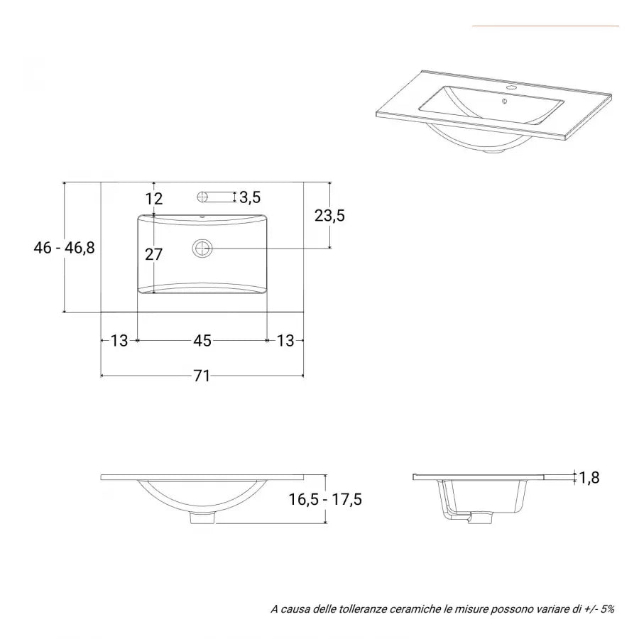 Mobile bagno sospeso cannettato 70 cm noce con specchio