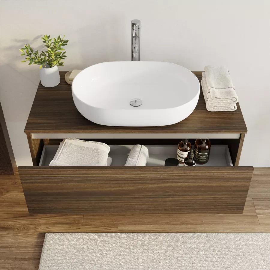 Mobile bagno sospeso portalavabo 80 cm in legno rovere deciso con lavabo e specchio