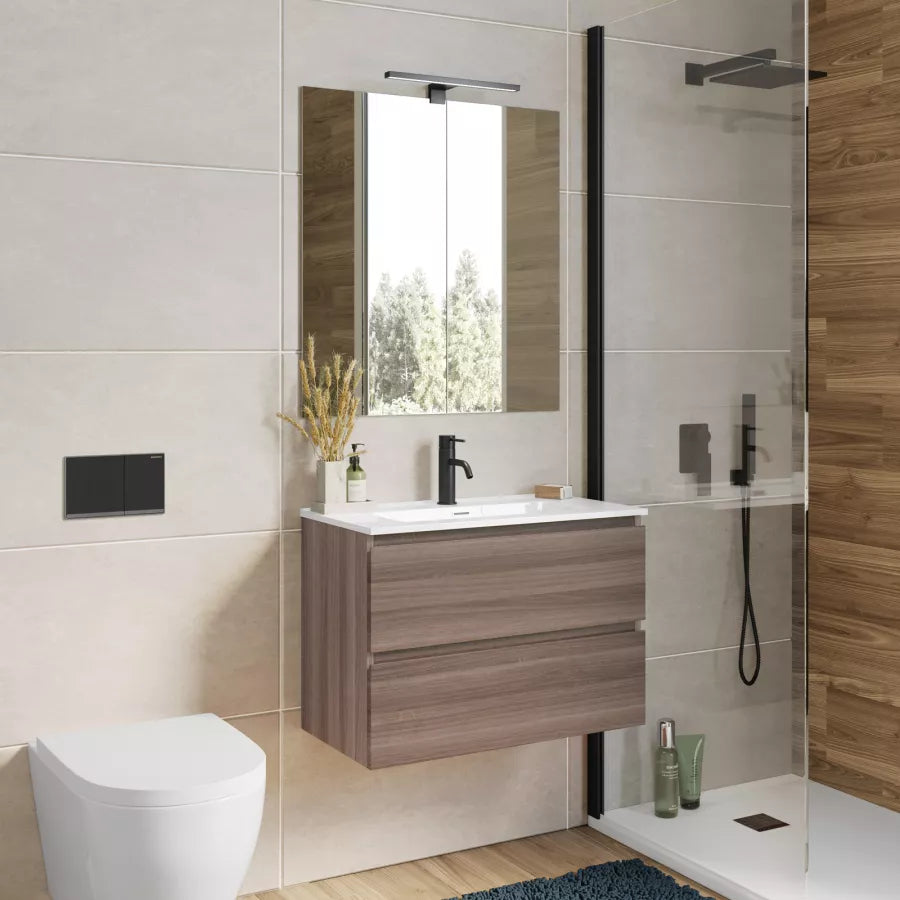 Mobile bagno sospeso 70 cm salvaspazio profondo con cassetti rovere chiaro