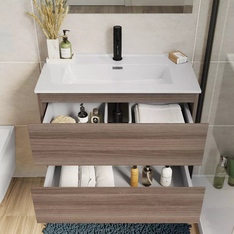 Mobile bagno sospeso 70 cm salvaspazio profondo con cassetti rovere chiaro