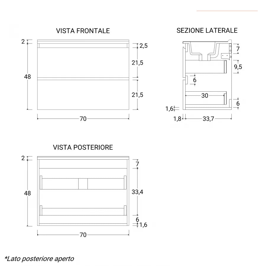 Mobile bagno sospeso 70 cm salvaspazio profondo con cassetti rovere chiaro