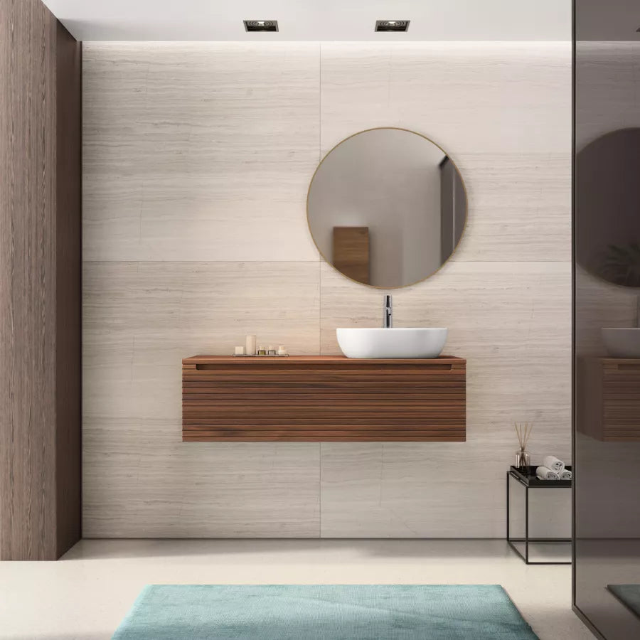 Mobile portalavabo sospeso 120 cm cannettato con lavabo dx e specchio noce