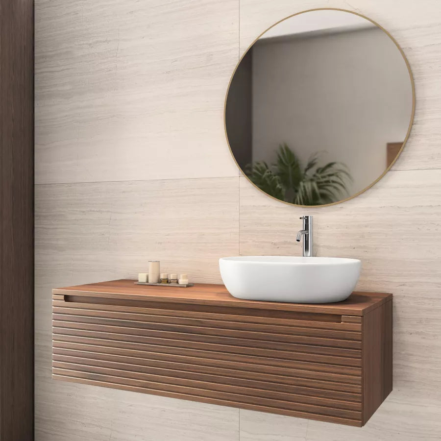 Mobile portalavabo sospeso 120 cm cannettato con lavabo dx e specchio noce