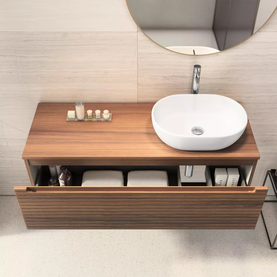 Mobile portalavabo sospeso 120 cm cannettato con lavabo dx e specchio noce