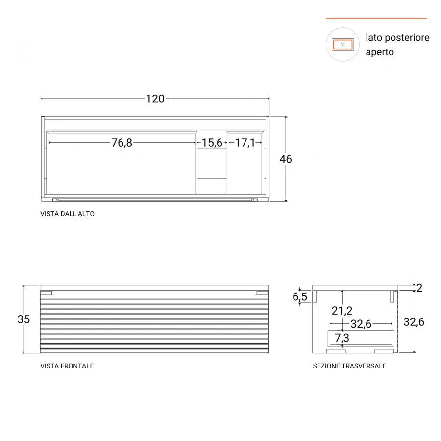 Mobile portalavabo sospeso 120 cm cannettato con lavabo dx e specchio noce