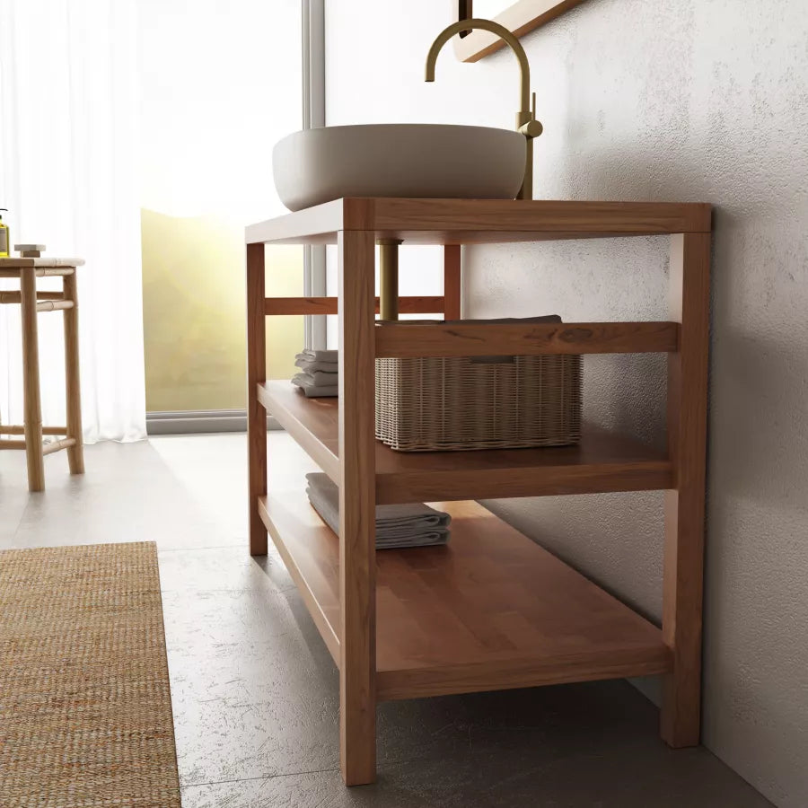 Mobile sottolavabo 120 cm in legno teak doppio ripiano