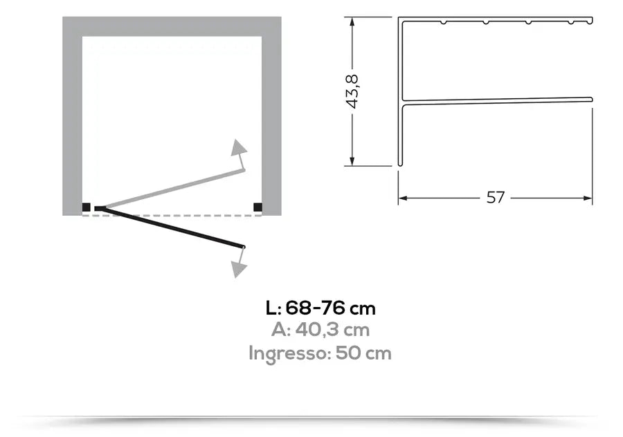 Nicchia doccia con porta battente cristallo 6 mm 70-75 cm con profili cromati