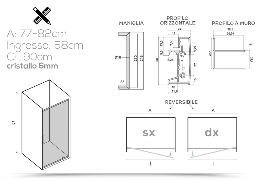 Porta doccia 80 cm per nicchia apertura battente esterna 190 h