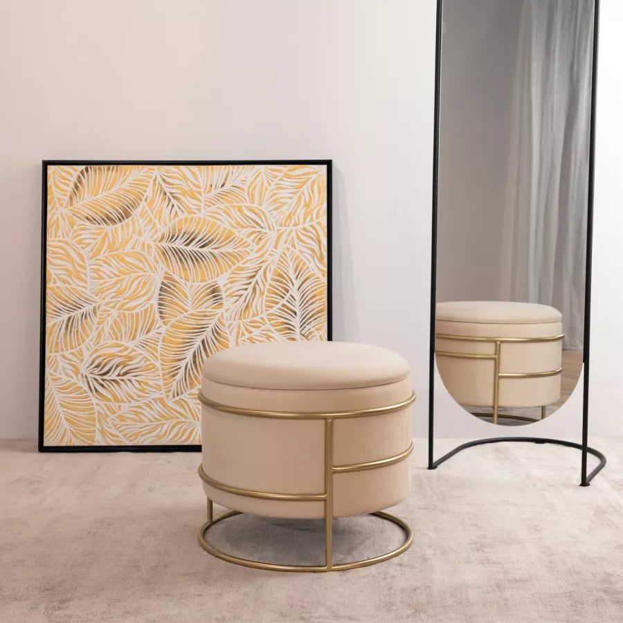 Pouf contenitore 43 cm in velluto crema base oro
