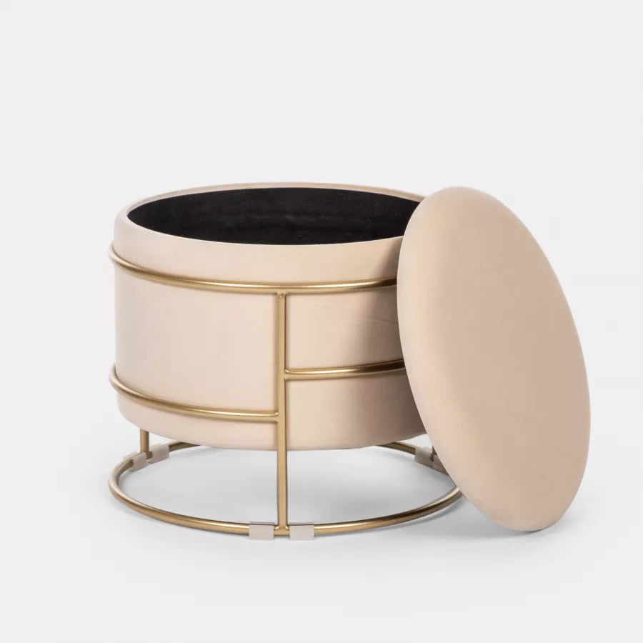 Pouf contenitore 43 cm in velluto crema base oro