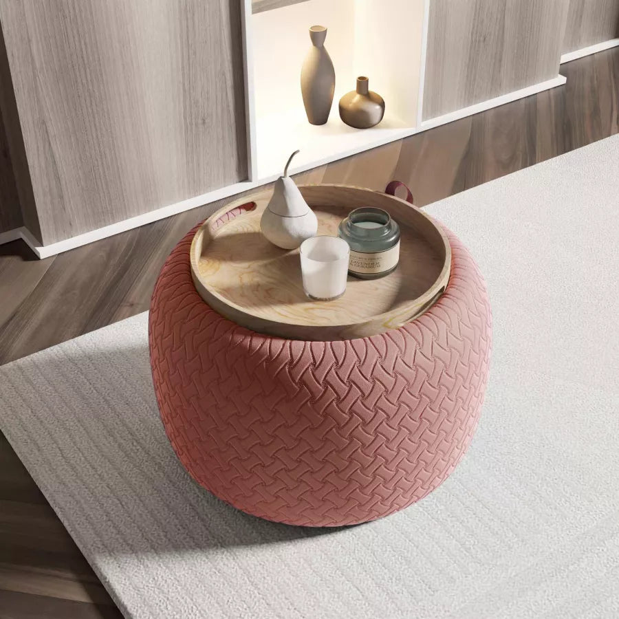 Pouf contenitore 56 cm con vassoio in velluto rosa antico