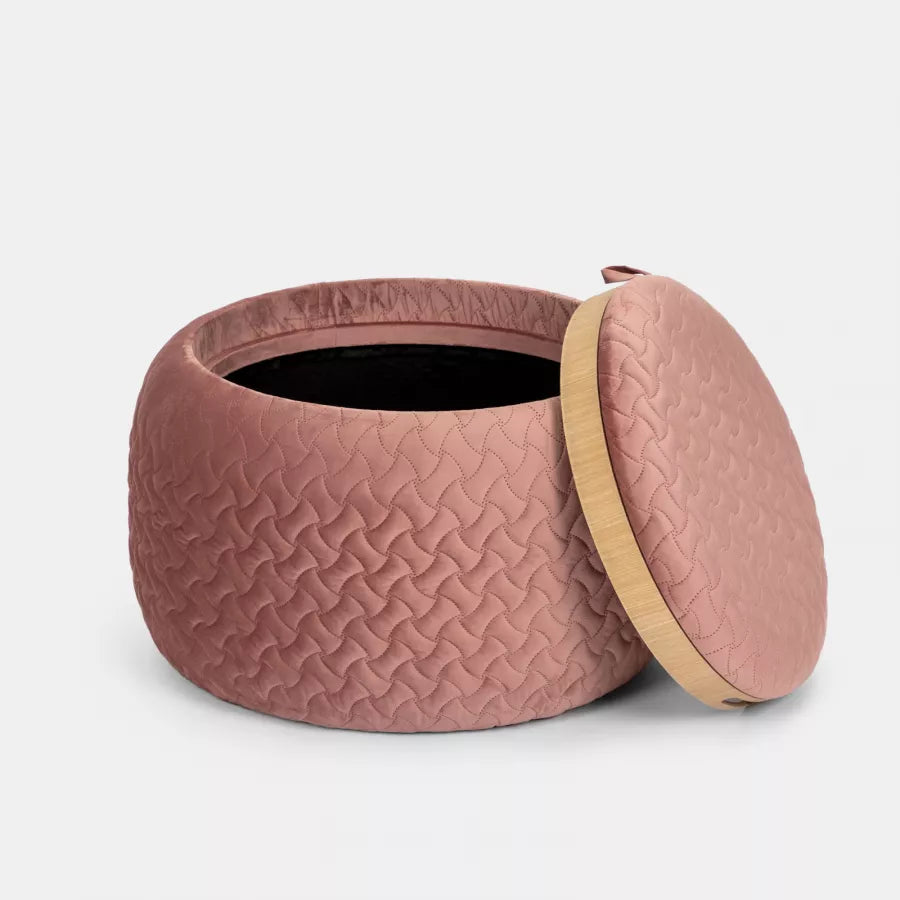 Pouf contenitore 56 cm con vassoio in velluto rosa antico