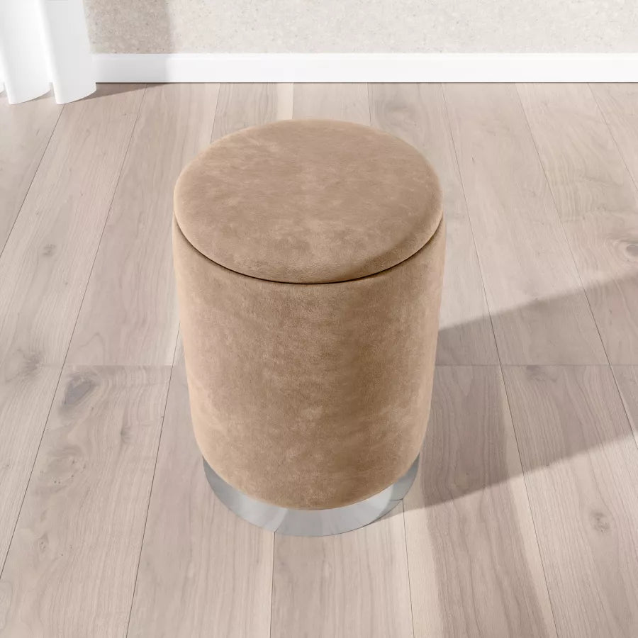 Pouf contenitore in velluto beige base argento