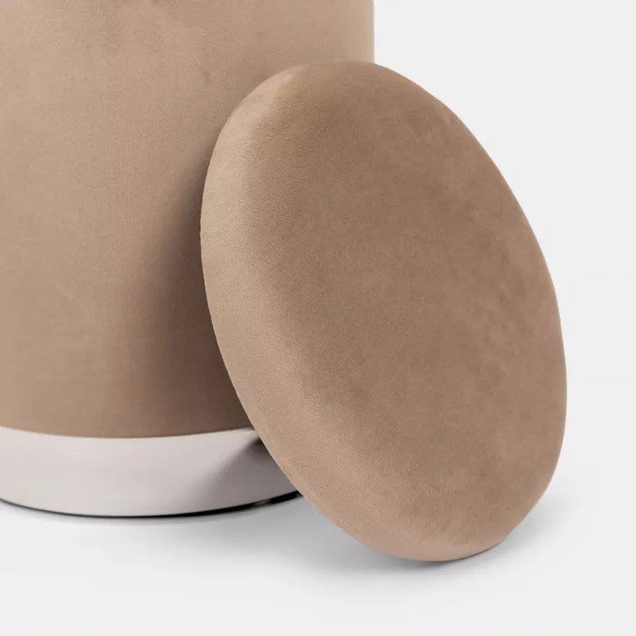 Pouf contenitore in velluto beige base argento