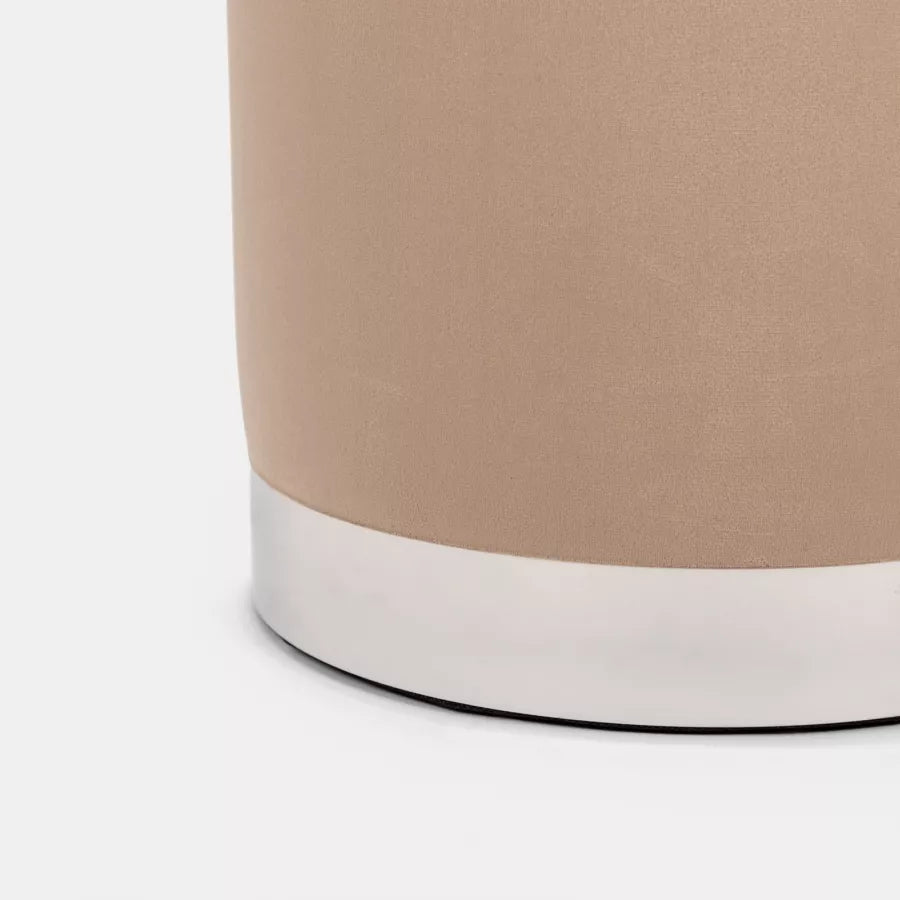 Pouf contenitore in velluto beige base argento