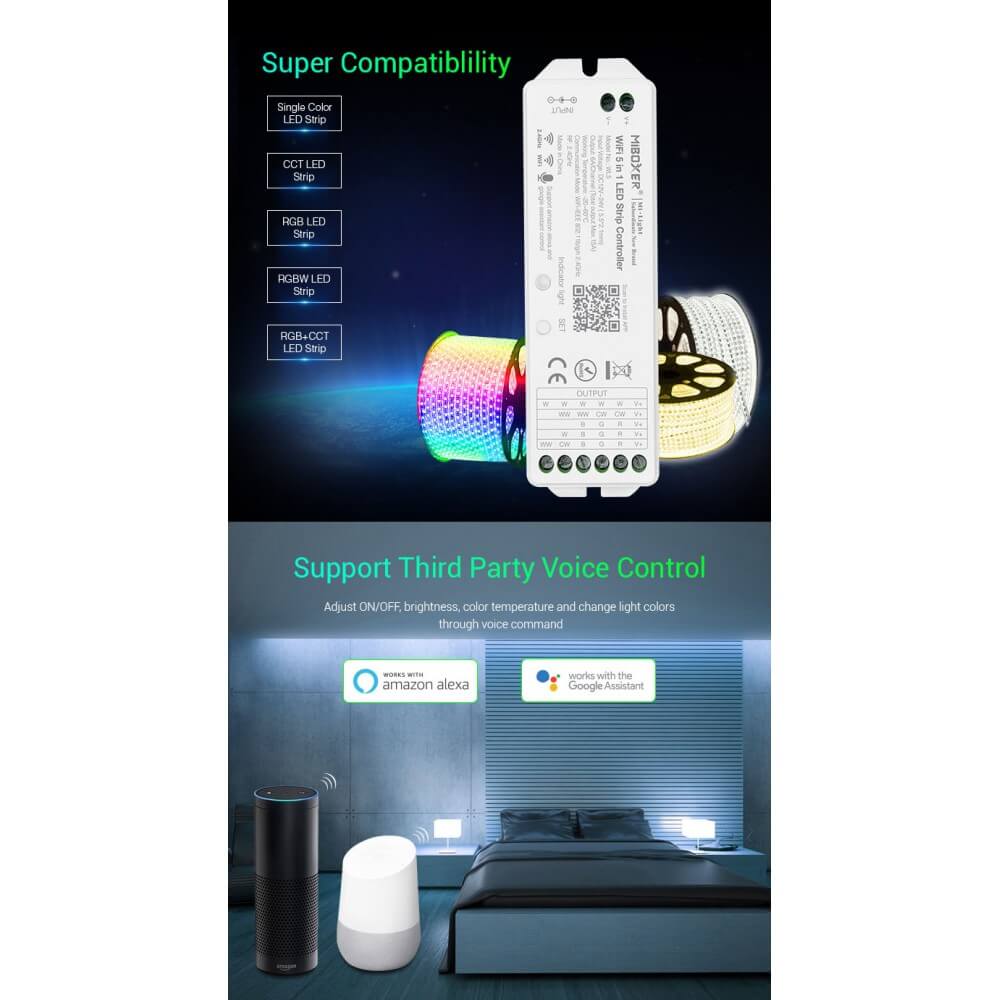 Ricevitore Dimmer / RGB / RGBW / RGB+CCT - APP, Alexa, Google Home - per strisce LED