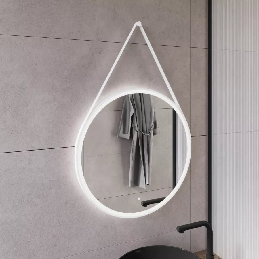 Specchio led Ø70 cm luce fredda con cinghia e cornice bianco accensione touch