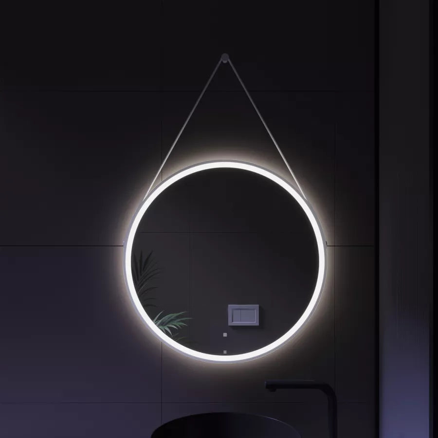 Specchio led Ø70 cm luce fredda con cinghia e cornice bianco accensione touch