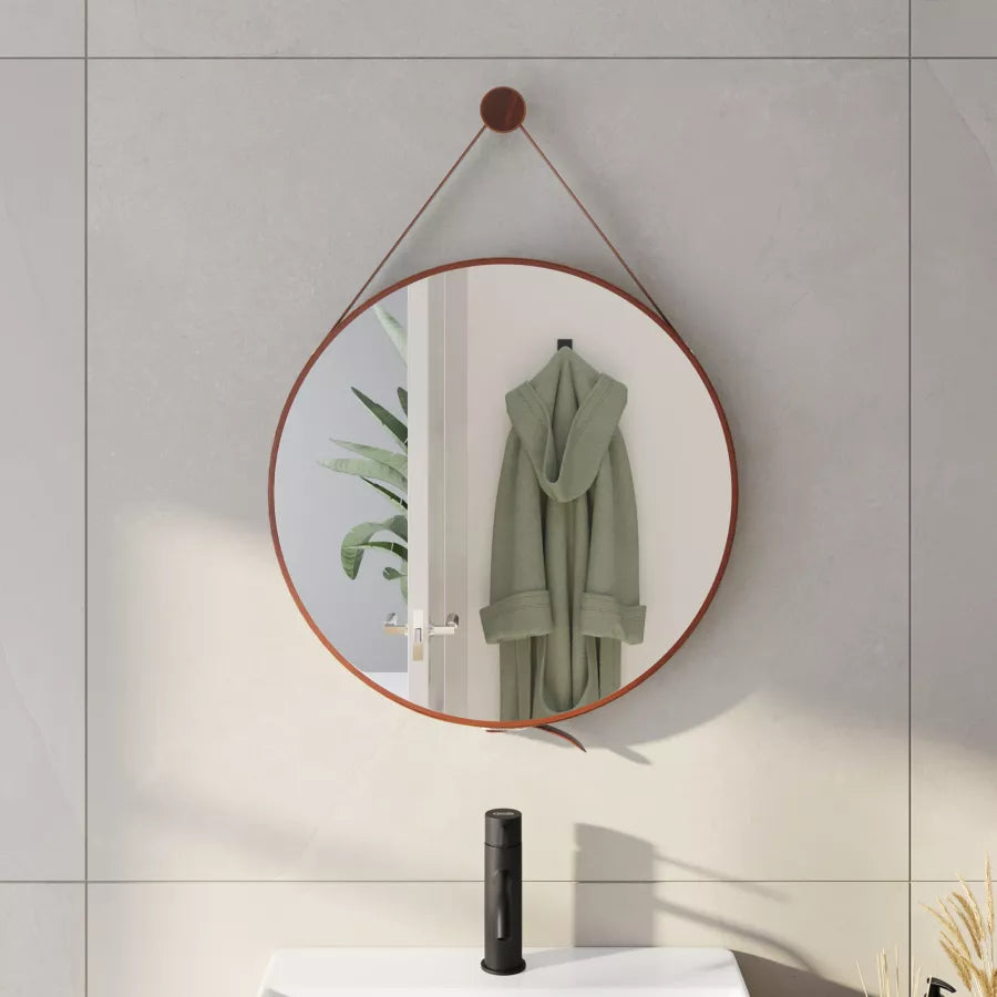 Specchio da bagno tondo Ø 50 cm con cornice in similpelle marrone