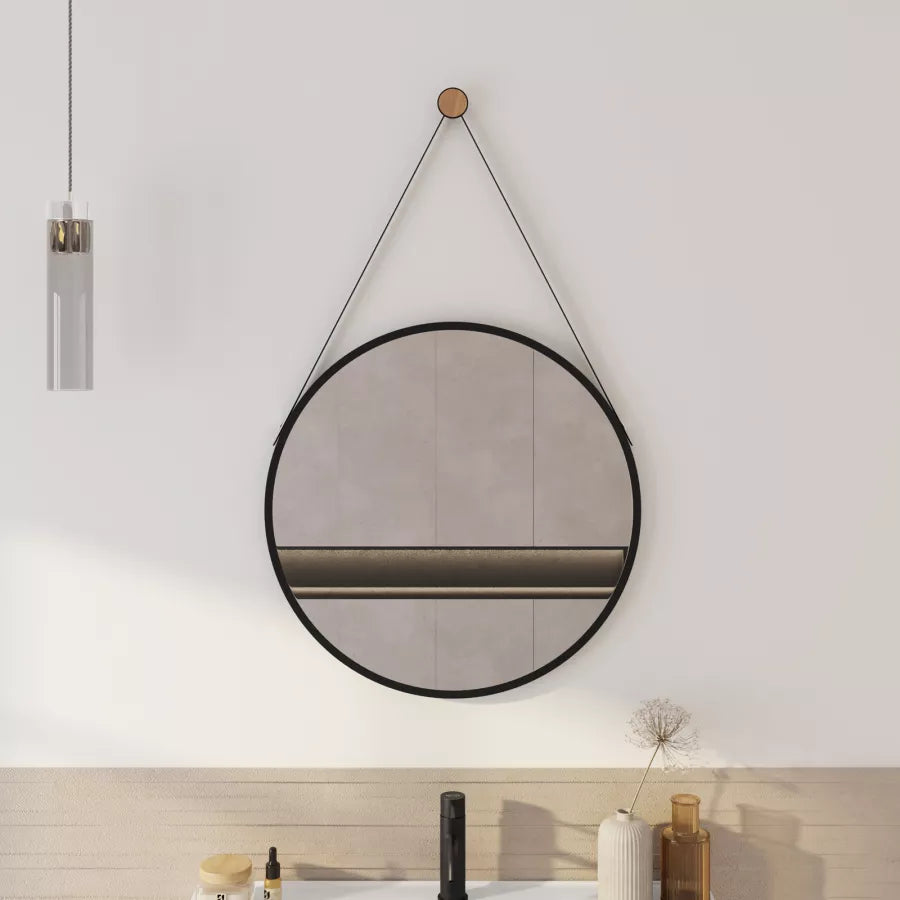 Specchio da bagno tondo Ø 60 cm con cornice e cinghia nera