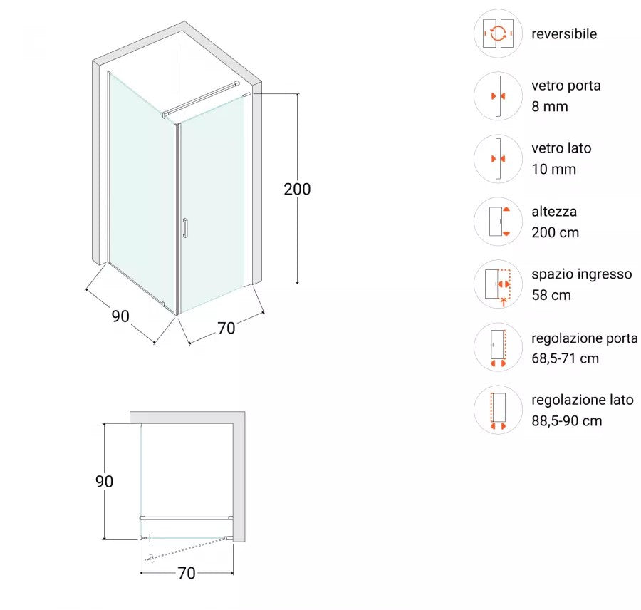 Box doccia 90x70 cm fisso + battente in vetro temperato 10 mm anticalcare trasparente 200h