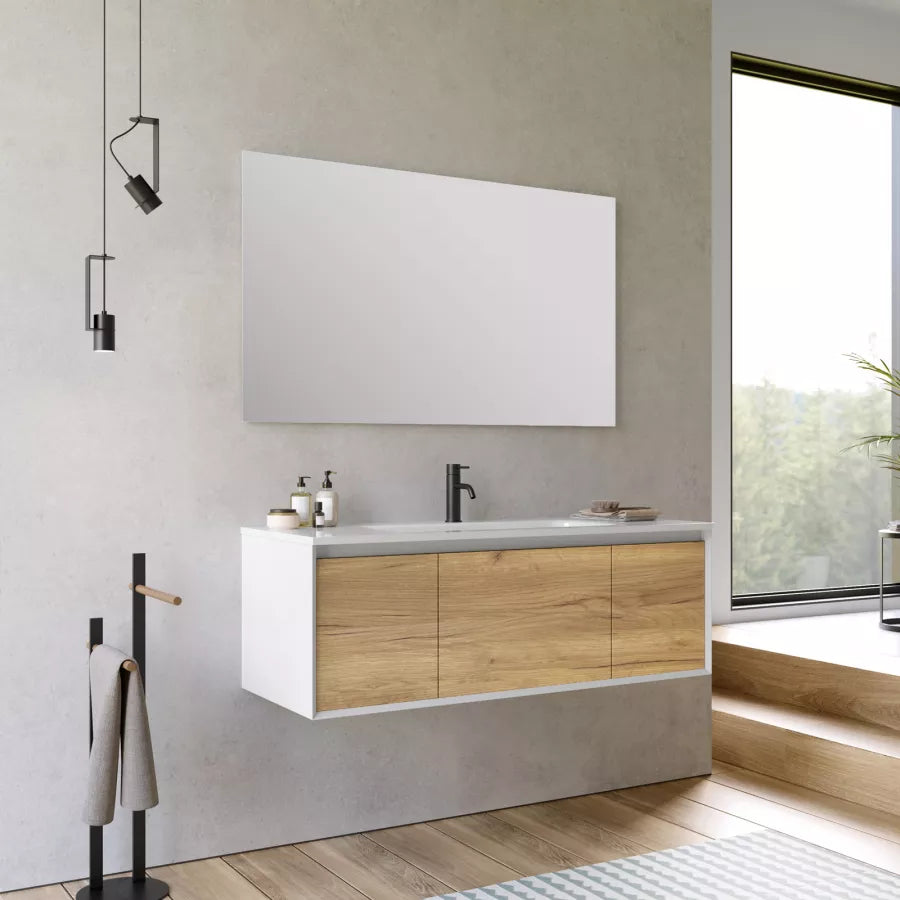 Mobile bagno sospeso 120 cm bianco e rovere europeo con specchio
