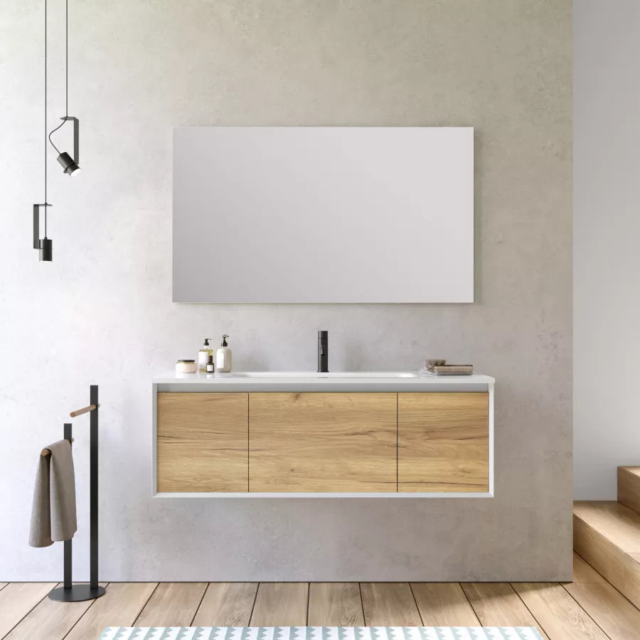 Mobile bagno sospeso 120 cm bianco e rovere europeo con specchio