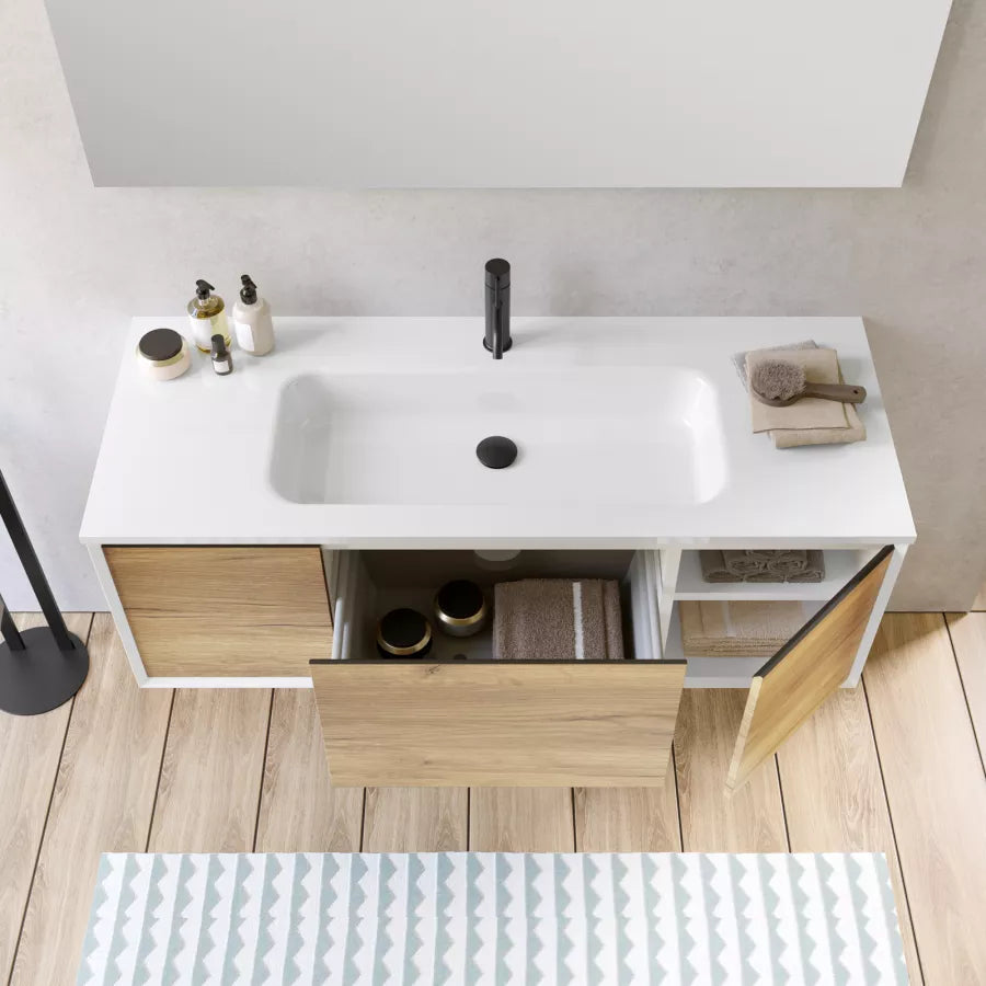 Mobile bagno sospeso 120 cm bianco e rovere europeo con specchio